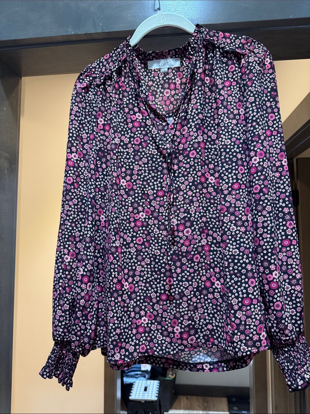 LOFT Black Floral Tie-Neck Long Sleeve Top